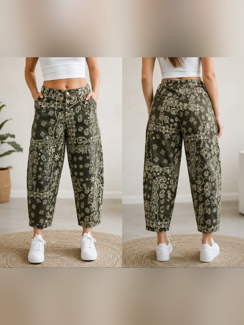 Bandana Print Barrel Leg Jeans Olive Green Cream Patchwork Cropped Pants NWT Lar